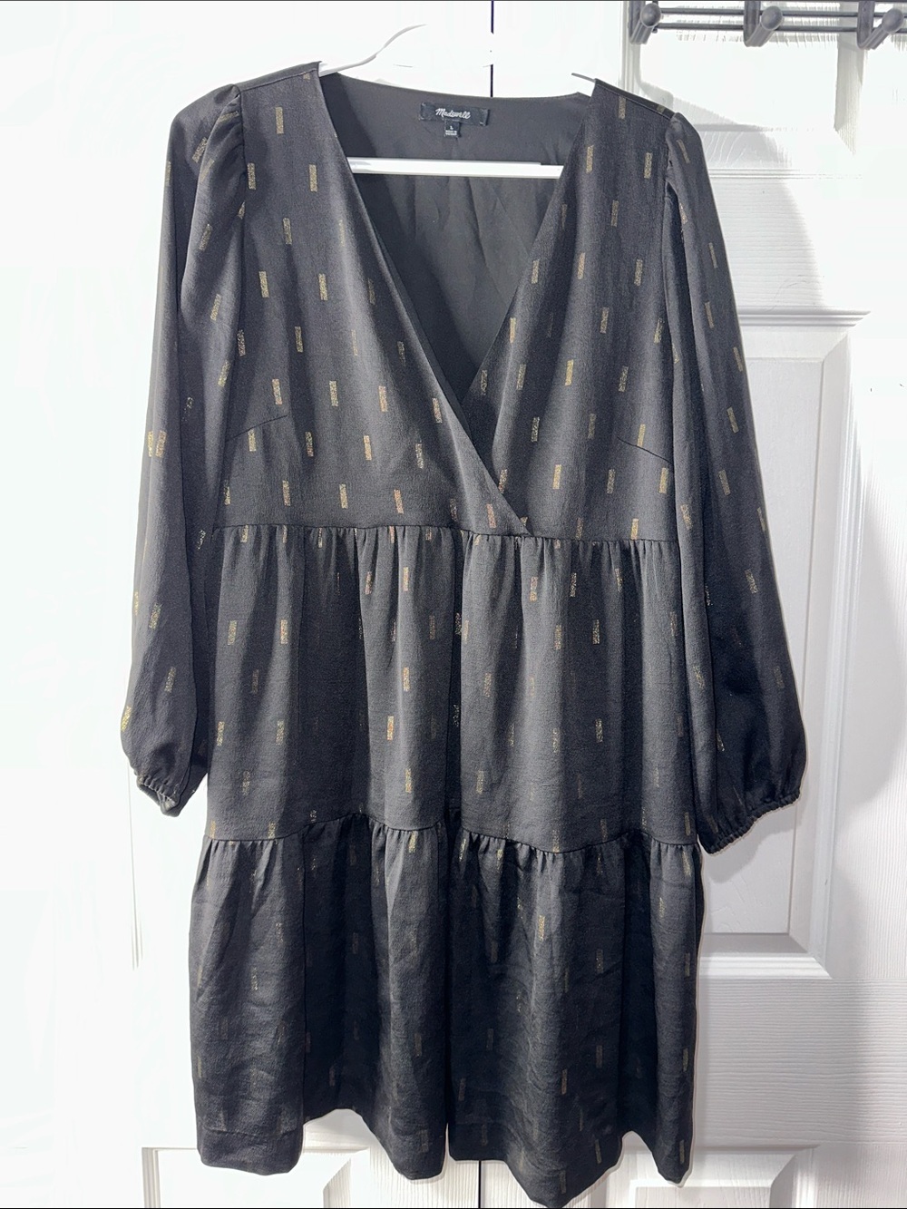 Madewell Black Tiered V-Neck Dress with Gold Foil Dashes
